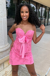 Short Pink Lace Homecoming Dress Sweetheart Bodycon with Bow